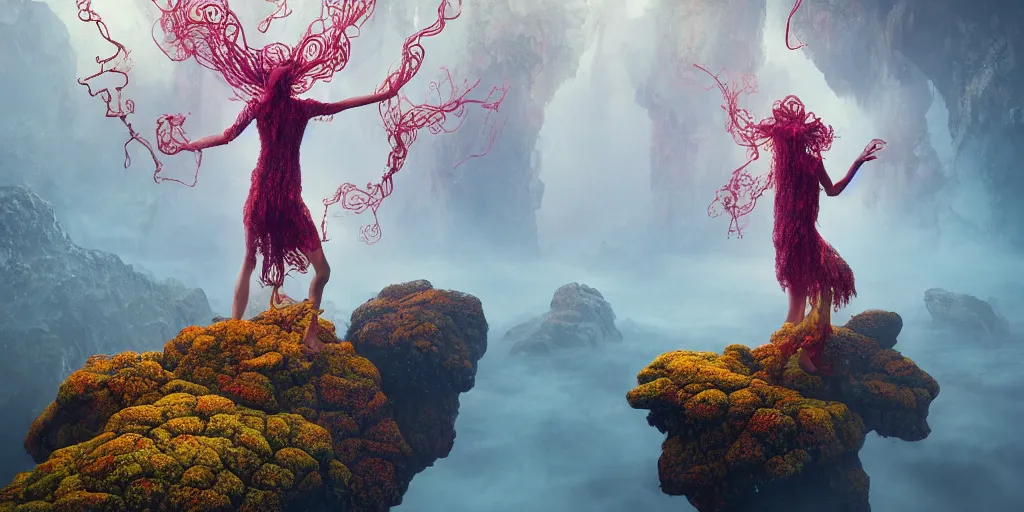 Image similar to Photorealistic intricate detailed picture of a levitating floating woman made from colorful fungus tendrils, with arms outstretched. a gentle rising mist, an epic rocky landscape. occult photorealism, UHD, amazing depth, glowing, golden ratio, 3D octane cycle unreal engine 5, volumetric lighting, cinematic lighting, cgstation artstation concept art