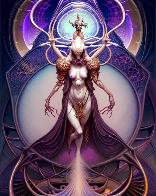 Image similar to the high priestess tarot card, fantasy character portrait made of fractals, ultra realistic, wide angle, intricate details, the fifth element artifacts, highly detailed by peter mohrbacher, hajime sorayama, wayne barlowe, boris vallejo, aaron horkey, gaston bussiere, craig mullins