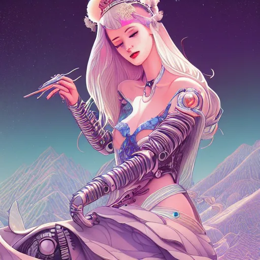 Image similar to ethereal cybernetic princess in the mountains, extremely detailed, sharp focus, wide view, full body shot, smooth, digital illustration, by james jean, by rossdraws, frank franzzeta, sakimichan