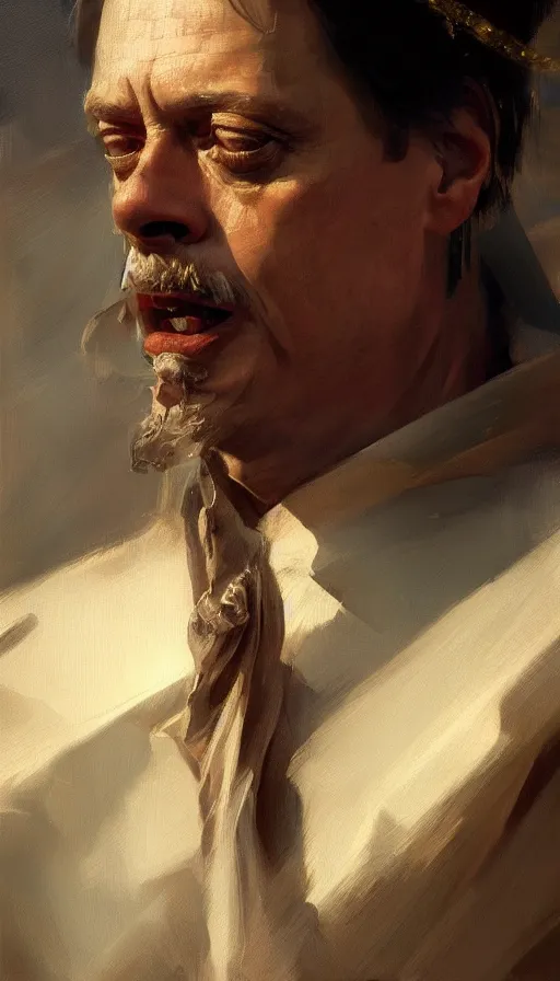 Image similar to an close up oil drawing of roman god emperor steve buscemi, renaissance painting, art by anders zorn, wonderful masterpiece by greg rutkowski, expressive brush strokes, beautiful cinematic light, american romanticism by greg manchess, jessica rossier fantasy art, concept art, official art, hd mod