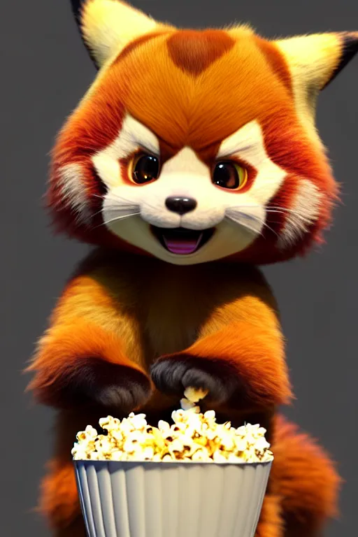 Prompt: high quality 3 d render hyperrealist very cute happy red panda & cat hybrid stuffing face with popcorn, vray smooth, in the style of detective pikachu, very dramatic light, low angle, uhd 8 k, shallow depth or field