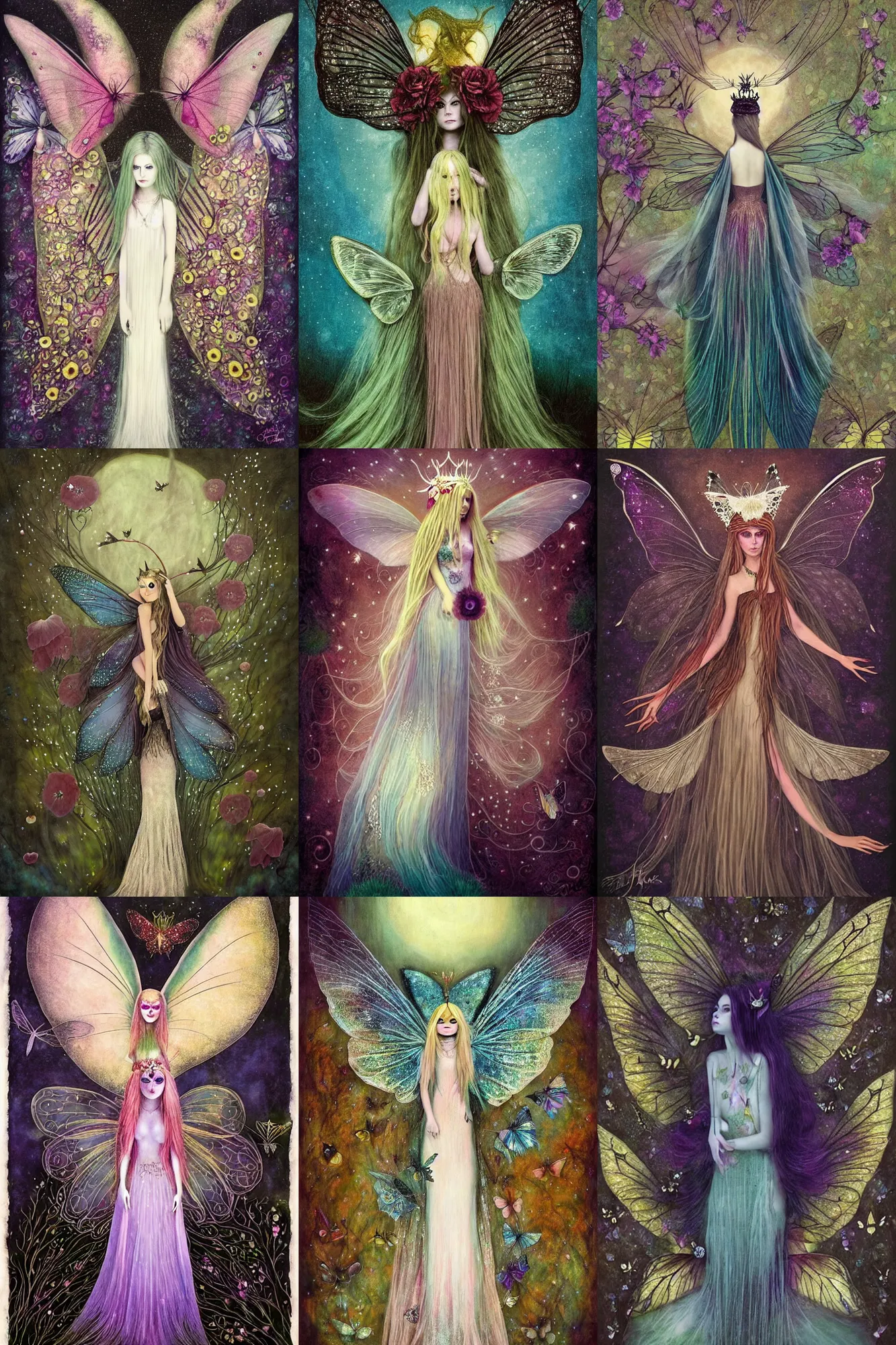 Prompt: Avril Lavigne as the Queen of the Fairies. Lunar Moth Wings. magic realism, flowerpunk, mysterious, sepia colors, by andy kehoe, amanda clarke