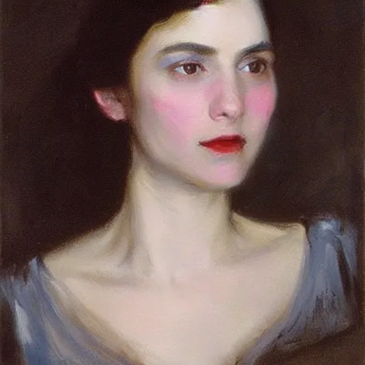 Image similar to “ dark haired girl holding infinity, very detailed, oil painting, portrait, dark background, by john singer sargent ”