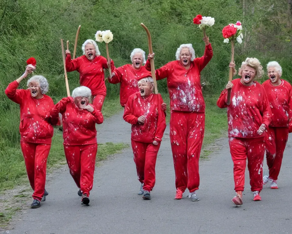 Image similar to a gang of old ladies waving machetes, and carrying flowers, and wearing green Umbro track suits and red splatters laughing maniacally and screaming