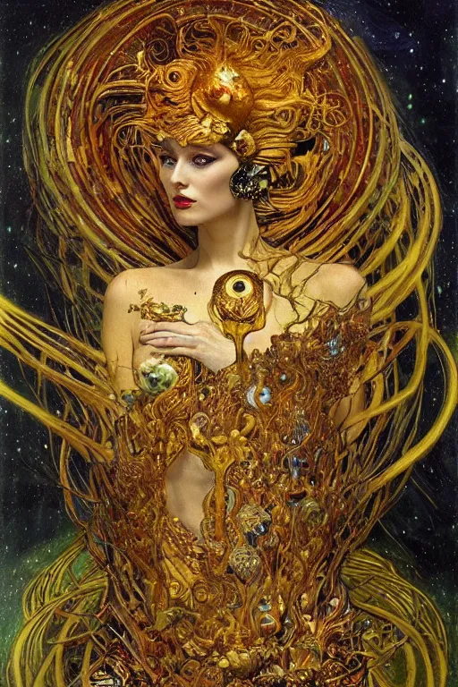 Image similar to Intermittent Chance of Chaos Muse by Karol Bak, Jean Deville, Gustav Klimt, and Vincent Van Gogh, beautiful portrait of Rebirth, Loki's Pet Project, Poe's Angel, Surreality, inspiration, imagination, muse, otherworldly, fractal structures, arcane, ornate gilded medieval icon, third eye, spirals