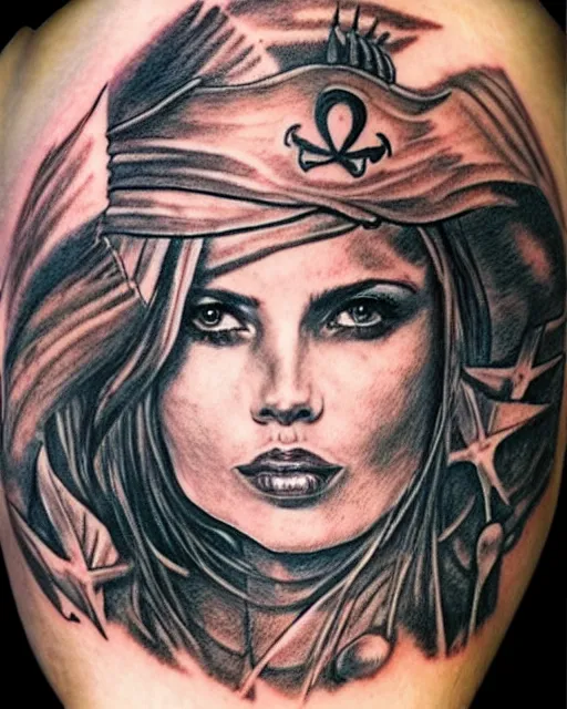 Image similar to A beautiful woman warrior faded on a background of a beautiful pirate ship, realism tattoo drawing, hyper realistic, shaded