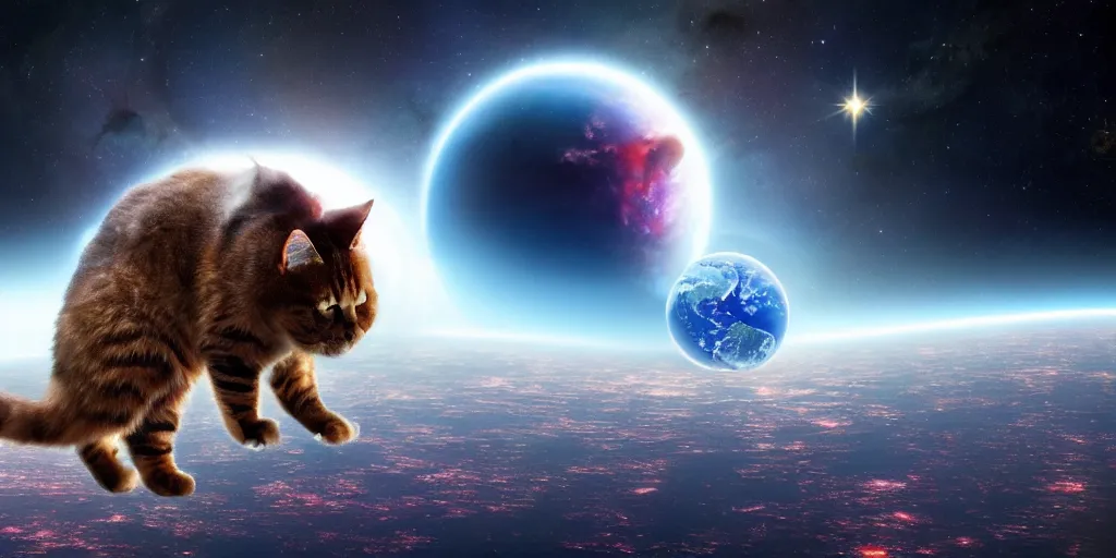 Image similar to a giant cat eating the earth planet, scifi, artstation, cosmos exploration, realistic photo, 4 k, photo by nasa, hubble telescope, cosmos