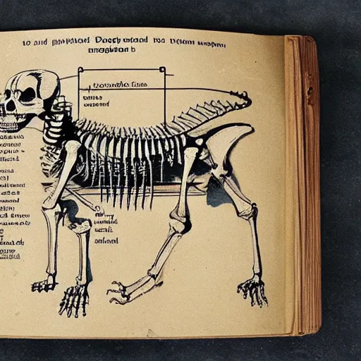 Prompt: old textbook with a diagram of a dog skeleton