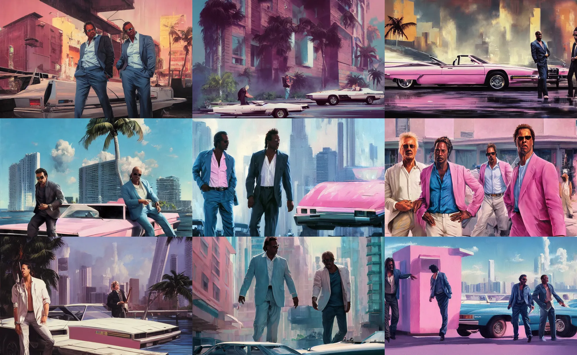 Image similar to an oil painting of crockett and tubbs, miami vice, ultra realistic, highly detailed, brushstrokes, masterpiece, cinematic by frank frazetta, greg rutkowski, beeple, yoko taro, christian macnevin, beeple, wlop, krenz cushart, epic fantasy character art, volumetric lighting, cgsociety, pink and teal