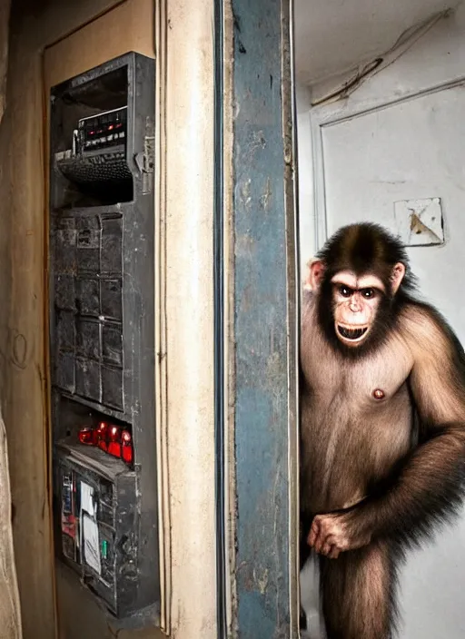 Image similar to scary half human half ape inside fuse box in post communist apartment building