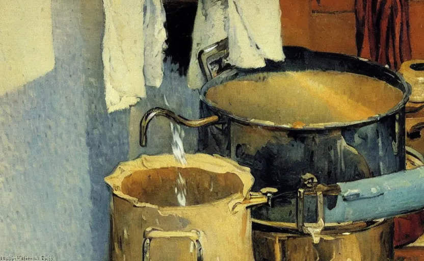 Image similar to a closeup of a pot of boiling water on a stove, stanhope forbes, david bomberg, impressionist painting