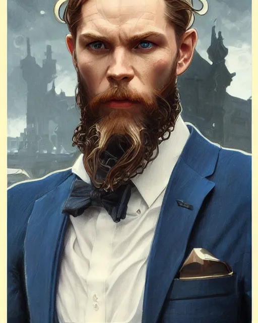 Image similar to portrait of viking in a suit, blue eyes, real life skin, intricate, elegant, highly detailed, artstation, concept art, smooth, sharp focus, art by artgerm and greg rutkowski and alphonse mucha