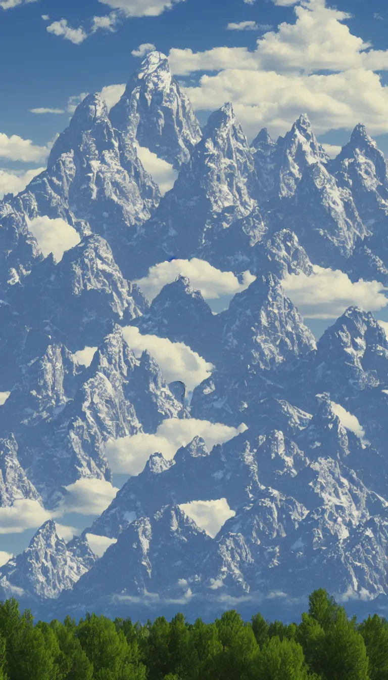 Image similar to view of the Grand Teton mountains in Studio Ghibli style, 4k