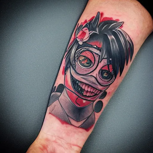 Prompt: tokyo ghoul, tattoo of tokyo ghoul, detailed tattoo design, design by francesco ferrara, dr. lakra, instagram