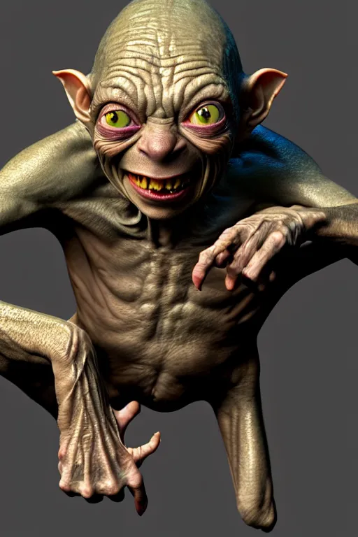 Prompt: perfectly - centered gollum, photorealism, hd quality, 8 k resolution, cinema 4 d, hdr dramatic cinematic lighting