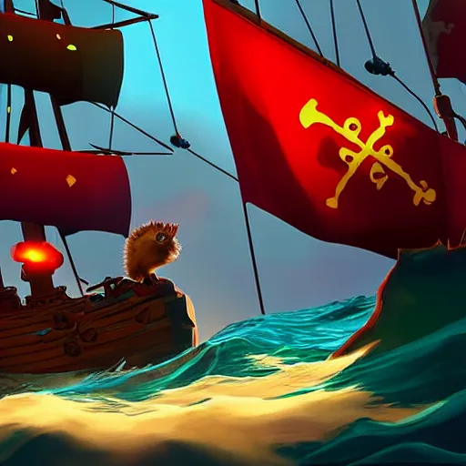 Image similar to sea of thieves scene with a hedgehog on a pirate ship, digital art, epic lighting, game screenshot, danish flag