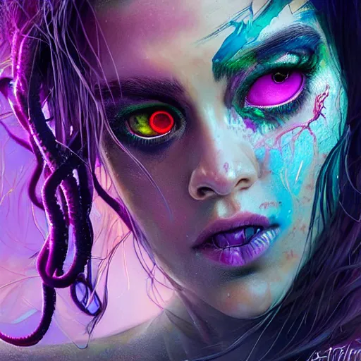 Image similar to detailed photo portrait of a furious teen girl with thin, hair-like purple tentacles on her head and bright purple eyes, 8k,by tristan eaton, Stanley Artgermm,Tom Bagshaw,Greg Rutkowski,Carne Griffiths,trending on DeviantArt, face enhance,hyper detailed ,full of colour, dramatic lightning