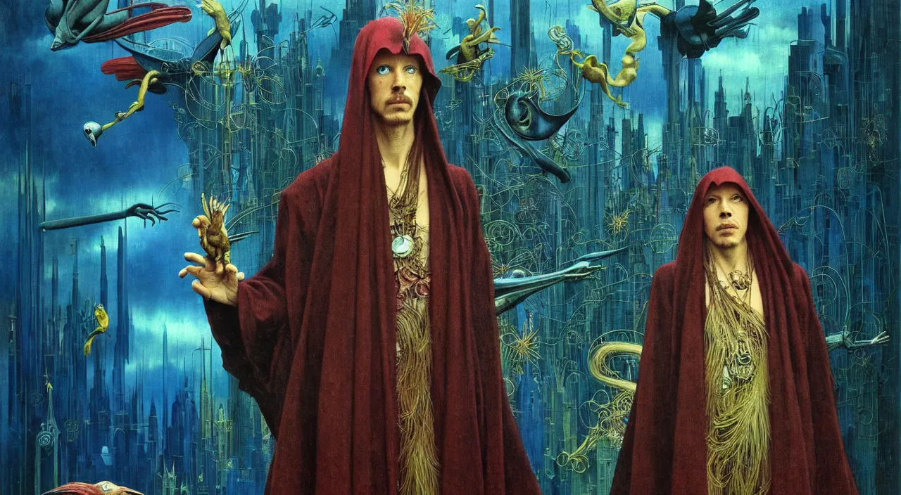 Image similar to realistic detailed portrait movie shot of a birdman wearing dark robes, sci fi city landscape background by denis villeneuve, amano, yves tanguy, alphonse mucha, ernst haeckel, max ernst, roger dean, masterpiece, rich moody colours, blue eyes, occult