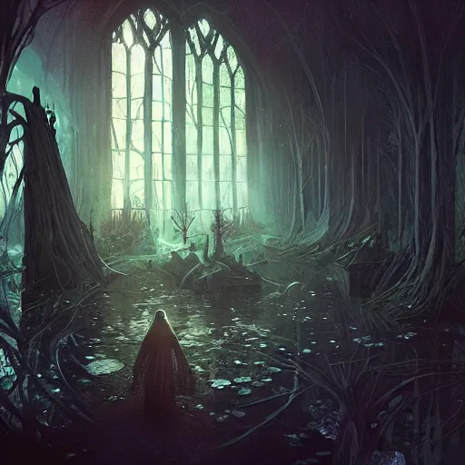 Prompt: “a magic school built inside of a haunted swamp, creepy fantasy ambience, D&D, fantasy, intricate, cinematic lighting, highly detailed, digital painting, artstation, concept art, smooth, sharp focus, illustration, art by Artgerm and Greg Rutkowski and Alphonse Mucha”