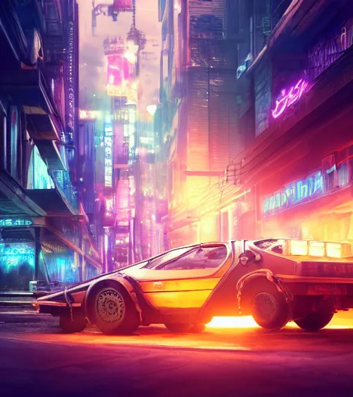 Prompt: steampunk delorean in a cyberpunk city, neon signs, futuristic, realistic, 8 k, extremely detailed, cgi, trending on artstation, hyper - realistic render, 4 k hd wallpaper, premium prints available, by greg rutkowski