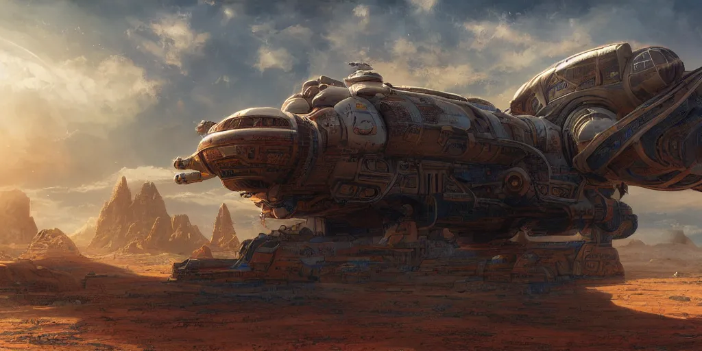 Image similar to legendary space ship, elephant shape, desert planet, alien technology, cinematic, highly detailed, large blue engines, scifi, yellow windows and details, hyper realism, intricate digital painting, red glow, gigantic landing pad, scifi base, artstation, by johnson ting, jama jurabaev