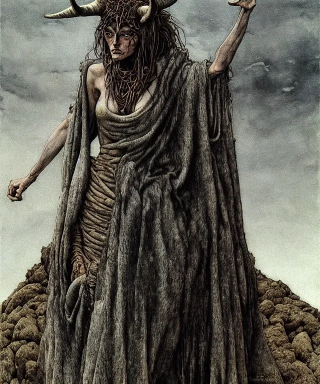 Image similar to A detailed horned goatwoman stands among the hills. Wearing a ripped mantle, robe. Perfect faces, extremely high details, realistic, fantasy art, solo, masterpiece, art by Zdzisław Beksiński, Arthur Rackham, Dariusz Zawadzki