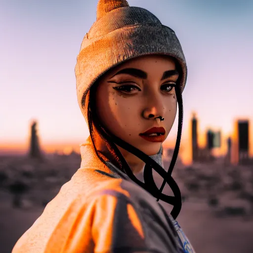 Image similar to photographic portrait of a streetwear woman, closeup, on the rooftop of a futuristic city overlooking a desert oasis, sigma 85mm f/1.4, 4k, depth of field, high resolution, 4k, 8k, hd, full color