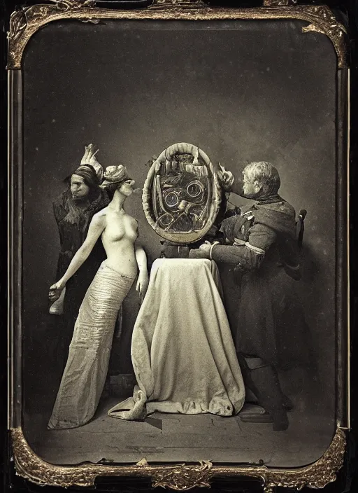 Image similar to old wetplate daguerreotype portrait of the birth of napoleon, explosion of data fragments, fractal, intricate, elegant, highly detailed, parallax, leica, medium format, subsurface scattering, by jheronimus bosch and greg rutkowski and louis jacques mande daguerre