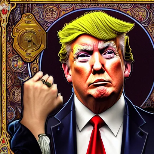 Image similar to full portrait of donald trump as mayor humdinger, fantasy, d & d, intricate, detailed, by by alphonse mucha, adolfo hohenstein, alice russell glenny, stanley artgerm lau, greg rutkowski, detailed, trending on artstation, trending on artstation, smooth