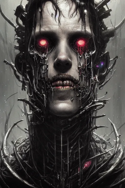 Image similar to realistic portrait beautiful concept art of mephisto scene when vomit and turns into cyborg. horror, created by gustave dore and greg rutkowski, high detailed, smooth draw, synthwave neon retro, intricate, trending on artstation.