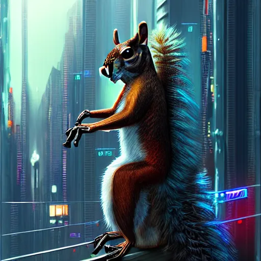 Prompt: a highly detailed long shot photo, cyberpunk giant rabid squirrel, intricate, digital painting, artstation, intricate, concept art, smooth, sharp focus