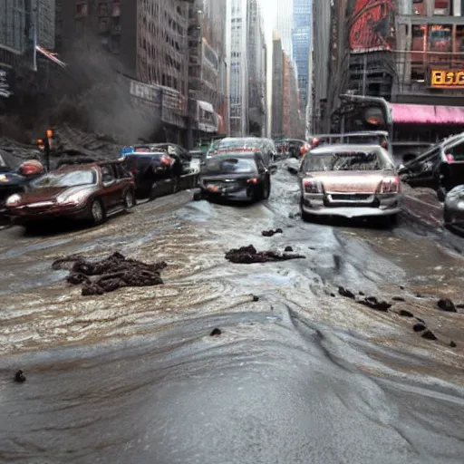 Image similar to tsunami of liquid chocolate on new york, post apocalyptic, cinematic