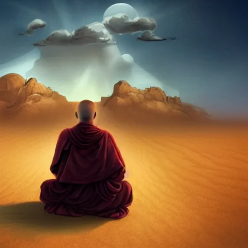 Prompt: monk lost in the desert, searching for answers, concept art, finely detailed, elegant