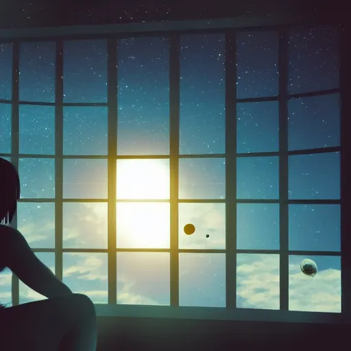 Prompt: a partial silhouette of a girl looking out a large window at a space scene, lofi aesthetic volumetric lighting, dramatic, realistic, intense,