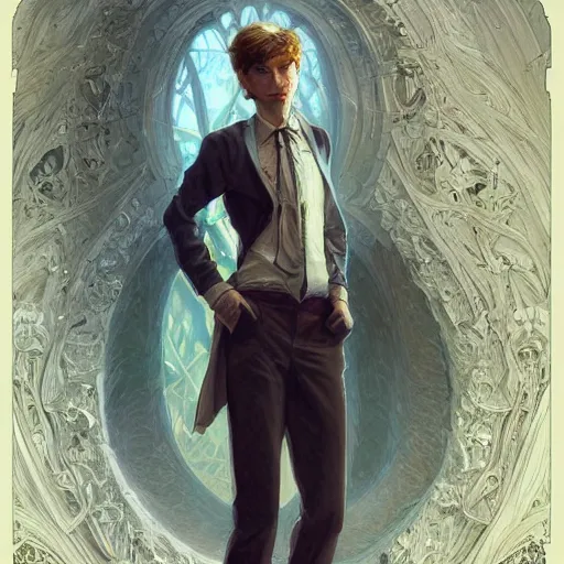 Prompt: skinny nerdy poindexter white kid with glasses D&D, fantasy, intricate, elegant, highly detailed, digital painting, artstation, concept art, smooth, sharp focus, illustration, art by artgerm and greg rutkowski and alphonse mucha