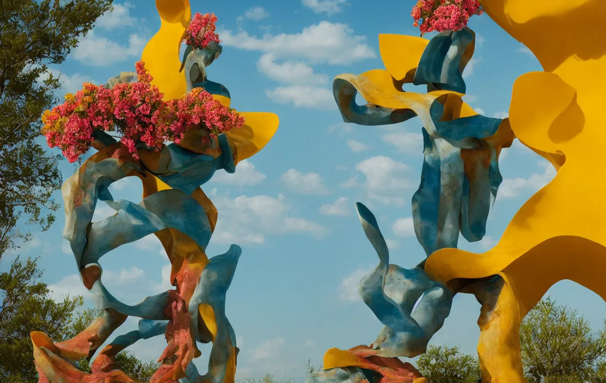 Image similar to a cowboy turning into blooms by slim aarons, by zhang kechun, by lynda benglis. tropical sea slugs, brutalist angular sharp tractor tires. complementary colors. warm soft volumetric dramatic light. national geographic. 8 k, rendered in octane, smooth gradients. sculpture by antonio canova. yellow teal accents.