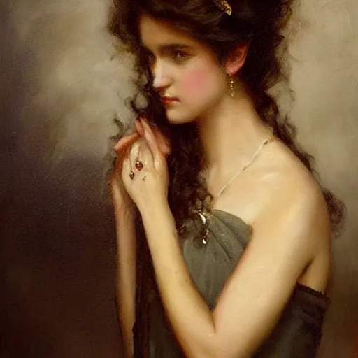 Image similar to a oil painting of a fair skin with dark curly stylised hair queen wearing dress, by frederick william elwell, highly detailed, realistic, concept art, jewels, oriental, desaturated