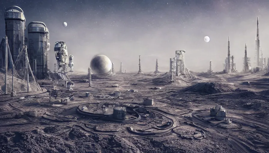 Image similar to moonwalker photo, city art of city street on the moon, a detailed image of a future norilsk base, sci fi, street moon landscape, 8 k