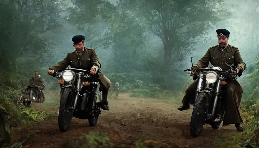 Prompt: british officer driving a motorcycle in 1921 in kerala forest road, tribe members attacking, action scene, an epic fantasy, dramatic lighting, cinematic, establishing shot, extremely high detail, photorealistic, cinematic lighting, artstation, by christopher nolan, horizon forbidden west