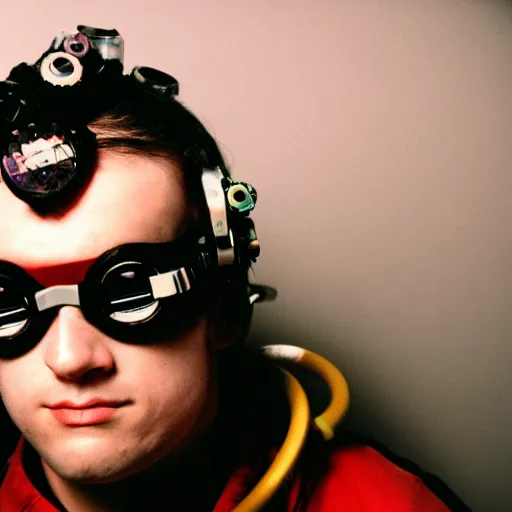 Prompt: kodak portra 4 0 0 photograph of a cybergoth guy wearing goggles and eclectic jewelry, moody lighting, telephoto, 9 0 s vibe, blurred background