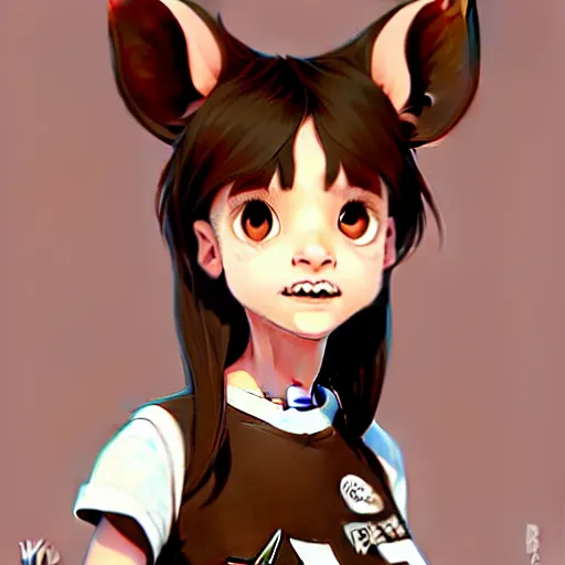 Prompt: character design portrait of an anthropomorphic furry rat girl with rat ears, brown hair, wearing a tee shirt, looking at the camera, 4 k, concept art, by wlop, ilya kuvshinov, artgerm, krenz cushart, pixiv.