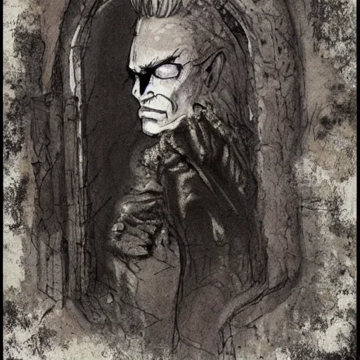 Image similar to Morpheus from The Sandman by Neil Gaiman standing in a doorway leading into the void, portrait, digital art, ultra realistic, highly detailed, HD, artstation, concept art, smooth, sharp focus, illustration, cinematic lighting, comicbook, art by Sam Kieth and Mike Dringenberg