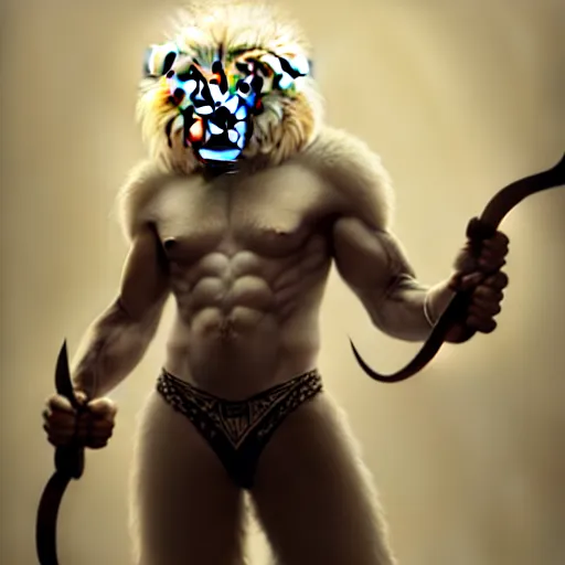 Image similar to commission portrait of a fit male anthro albino lion holding a bow,character design by charles bowater,greg rutkowski,ross tran,hyperdetailed,hyperrealistic,4k,deviantart,artstation,professional photography,concept art