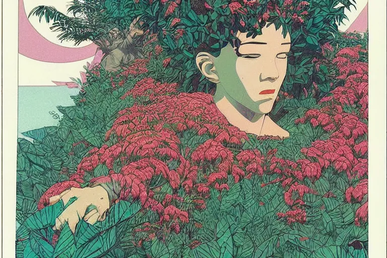 Image similar to gigantic woman head, a lot of exotic vegetation around, trees, flowers, risograph!, oldschool vintage sci - fi flat surreal design, super - detailed, painting by moebius and satoshi kon