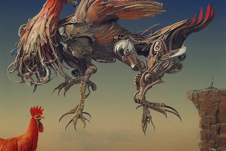 Image similar to digital painting of an ominous mechanical rooster with huge beak and talons, by wayne barlowe and bob pepper, highly detailed, intricate, sharp focus, portrait, talons, anatomy, studio ghibli color scheme, dieselpunk, retrofuturism