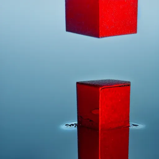 Image similar to a red cube reflected by water in a white room, professional photography, 4k lighting