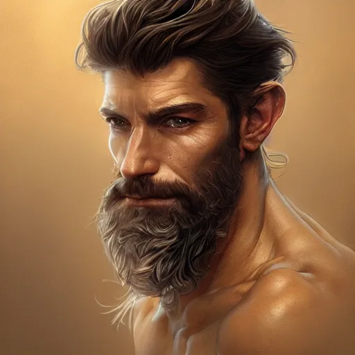 Image similar to portrait of a ruggedly handsome paladin, soft hair, muscular, half body, leather, hairy, d & d, fantasy, intricate, elegant, highly detailed, digital painting, artstation, concept art, smooth, sharp focus, illustration, art by artgerm and greg rutkowski and alphonse mucha