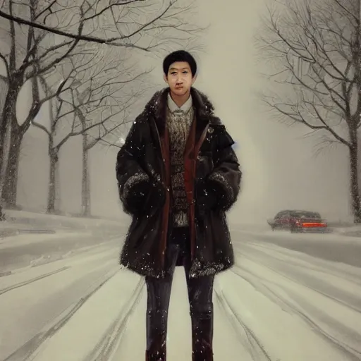 Image similar to beautiful snow - covered korean young man posing on road in park with pines, dressed in leather coat, night, 1 9 8 0 s haircut, half - length portrait, perfect symmetrical eyes, cinematic by peter mohrbacher, detailed, hyperrealism