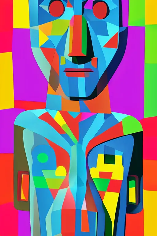 Image similar to cubist moai statue cutout digital illustration cartoon colorful beeple