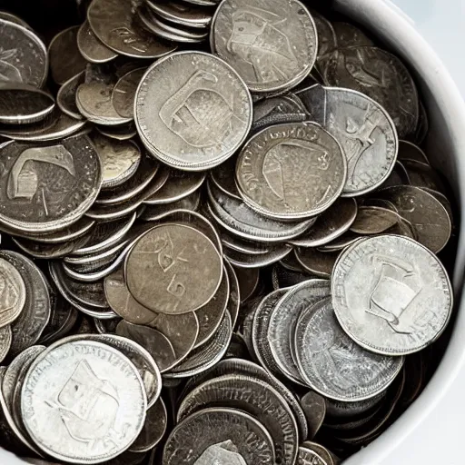 Prompt: a picture of a pile of coins in a bucket in the heavy rain, god rays, 50mm